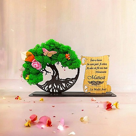 Cadou Copacul vietii cu placuta - Cadou personalizat, Copacul vietii cu licheni si placuta, mesaj standard pentru Matusa, dimensiune 30x18cm, wenge