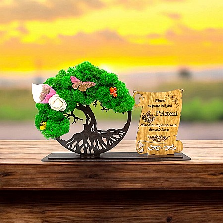 Cadou Copacul vietii cu placuta - Cadou personalizat, Copacul vietii cu licheni si placuta, mesaj standard pentru Prieteni, dimensiune 30x18cm, wenge