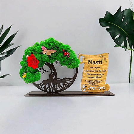 Cadou Copacul vietii cu placuta - Cadou personalizat, Copacul vietii cu licheni si placuta, mesaj standard pentru Nasi, dimensiune 30x18cm, wenge