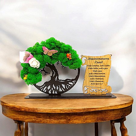 Cadou Copacul vietii cu placuta - Cadou personalizat, Copacul vietii cu licheni si placuta, mesaj standard pentru Binecuvantarea Casei, dimensiune 30x18cm, wenge