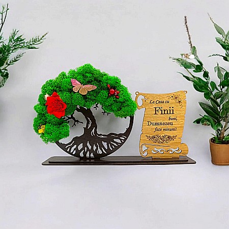 Cadou Copacul vietii cu placuta - Cadou personalizat, Copacul vietii cu licheni si placuta, mesaj standard pentru "La casa cu Finii Buni", dimensiune 30x18cm, wenge
