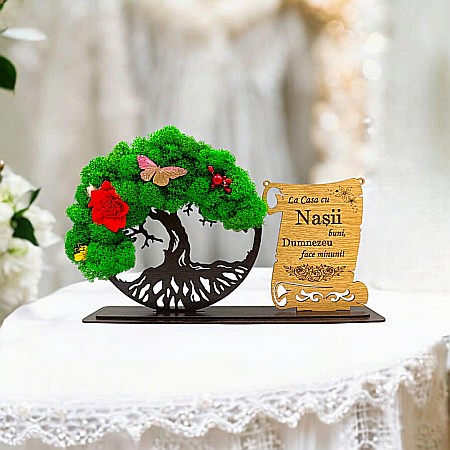 Cadou Copacul vietii cu placuta - Cadou personalizat, Copacul vietii cu licheni si placuta, mesaj standard pentru "La casa cu Nasii Buni", dimensiune 30x18cm, wenge