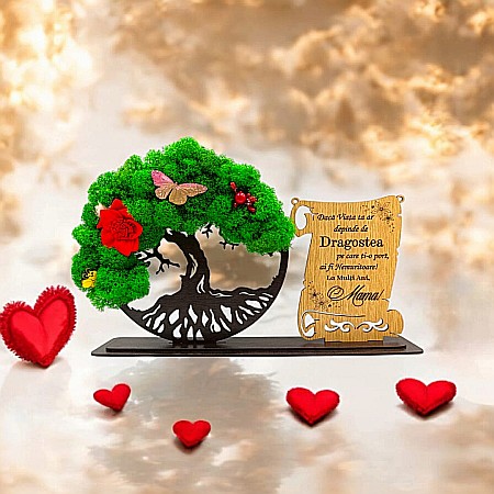 Cadou Copacul vietii cu placuta - Cadou personalizat, Copacul vietii cu licheni si placuta, mesaj standard pentru Mama, model 4, dimensiune 30x18cm, wenge