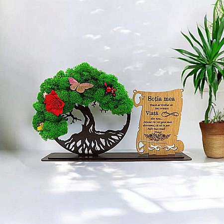 Cadou Copacul vietii cu placuta - Cadou personalizat, Copacul vietii cu licheni si placuta, mesaj standard pentru "Sotia Mea", dimensiune 30x18cm, wenge