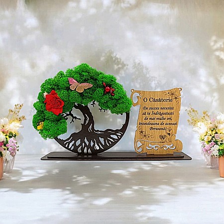 Cadou Copacul vietii cu placuta - Cadou personalizat, Copacul vietii cu licheni si placuta, mesaj standard pentru Casatorie, dimensiune 30x18cm, wenge