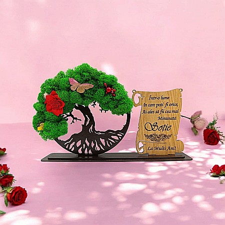 Cadou Copacul vietii cu placuta - Cadou personalizat, Copacul vietii cu licheni si placuta, mesaj standard pentru Sotie Minunata, dimensiune 30x18cm, wenge