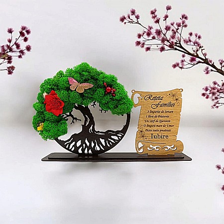 Cadou Copacul vietii cu placuta - Cadou personalizat, Copacul vietii cu licheni si placuta, mesaj standard pentru Reteta Familiei, dimensiune 30x18cm, wenge