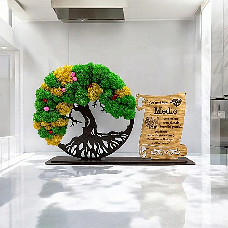 Cadou Copacul vietii cu placuta - Cadou personalizat, Copacul vietii cu licheni si placuta, mesaj standard pentru Medici/Doctori, dimensiune 30x18cm, wenge