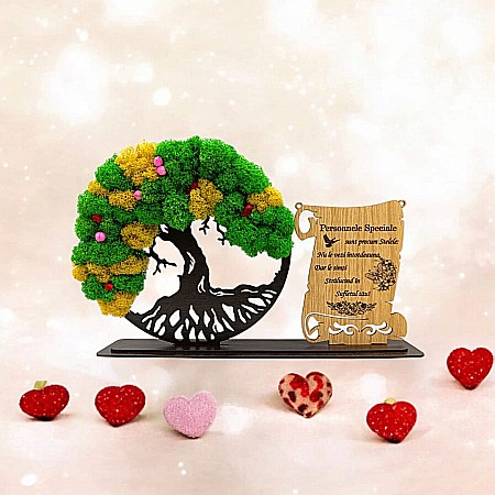 Cadou Copacul vietii cu placuta - Cadou personalizat, Copacul vietii cu licheni si placuta, mesaj standard pentru Oamenii Speciali, dimensiune 30x18cm, wenge