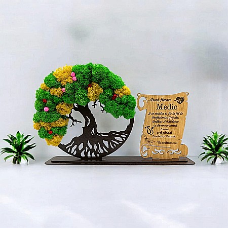 Cadou Copacul vietii cu placuta - Cadou personalizat, Copacul vietii cu licheni si placuta, mesaj standard pentru Medic, dimensiune 30x18cm, wenge