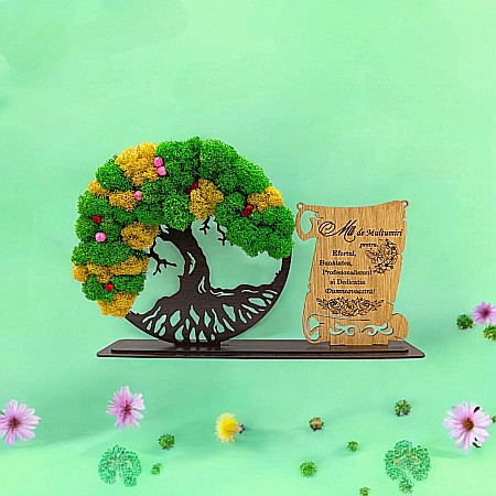 Cadou Copacul vietii cu placuta - Cadou personalizat, Copacul vietii cu licheni si placuta, mesaj standard pentru Medici/Profesori/Sefi/Directori, dimensiune 30x18cm, wenge