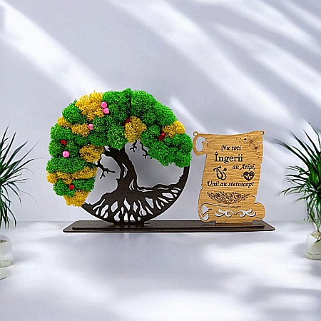 Cadou Copacul vietii cu placuta - Cadou personalizat, Copacul vietii cu licheni si placuta, mesaj standard pentru Medici/Doctori, model 2, dimensiune 30x18cm, wenge