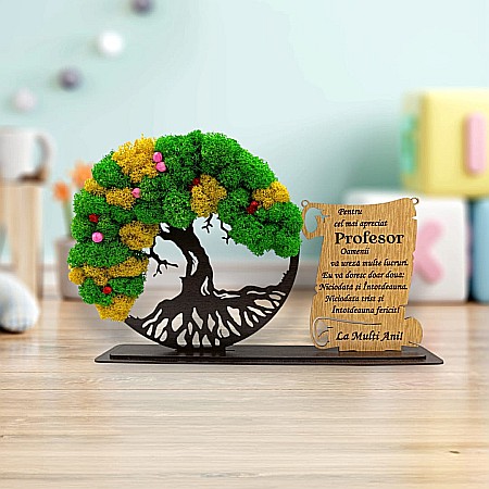 Cadou Copacul vietii cu placuta - Cadou personalizat, Copacul vietii cu licheni si placuta, mesaj standard pentru Profesor, dimensiune 30x18cm, wenge