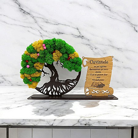 Cadou Copacul vietii cu placuta - Cadou personalizat, Copacul vietii cu licheni si placuta, mesaj standard pentru Profesori/Doctori, dimensiune 30x18cm, wenge