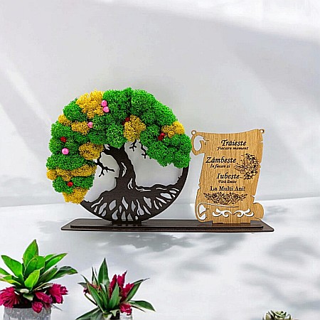 Cadou Copacul vietii cu placuta - Cadou personalizat, Copacul vietii cu licheni si placuta, mesaj standard pentru Prieteni/Sotie/Mama/Familie, dimensiune 30x18cm, wenge