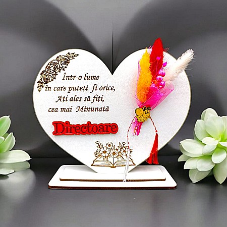Decoratiuni din Lemn - Cadou personalizat Inima cu mesaj standard pentru Directoare, dimensiune 15cm
