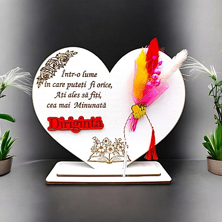 Decoratiuni din Lemn - Cadou personalizat Inima cu mesaj standard pentru Diriginta, dimensiune 15cm