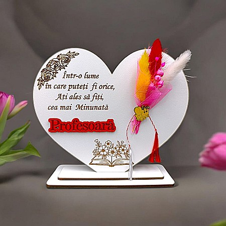 Decoratiuni din Lemn - Cadou personalizat Inima cu mesaj standard pentru Profesoara, dimensiune 15cm