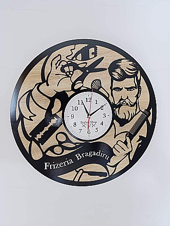 Ceasuri din Lemn - Cadou personalizat, Ceas de perete pentru Frizerie cu cadran alb