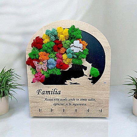 Cadou personalizat, cuier decorativ cu licheni pentru perete cu mesaj standard pentru Familie