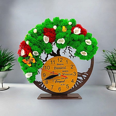 Cadouri Bunic - Cadou personalizat, Ceas decorativ copacul vietii cu mesaj standard pentru Bunic decorat cu licheni stabilizati si flori decorative naturale, wenge