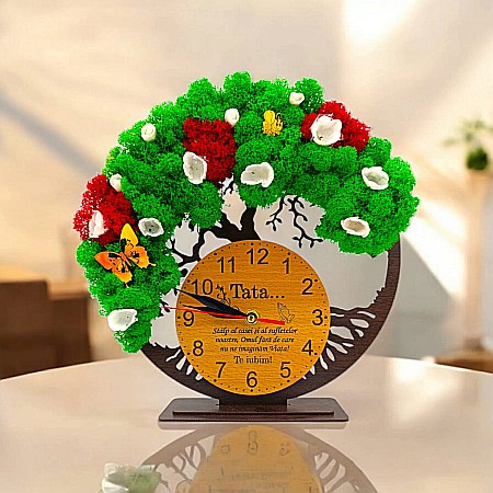 Cadouri Tata - Cadou personalizat, Ceas decorativ copacul vietii cu mesaj standard pentru Tata/Sot, decorat cu licheni stabilizati si flori decorative naturale, wenge