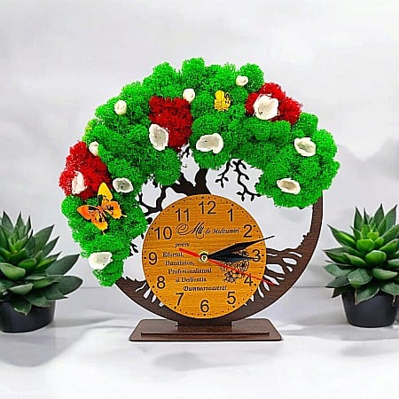Cadouri Personalizabile - Cadou personalizat, Ceas decorativ copacul vietii cu mesaj standard pentru Profesori/Doctori, decorat cu licheni stabilizati si flori decorative naturale, wenge