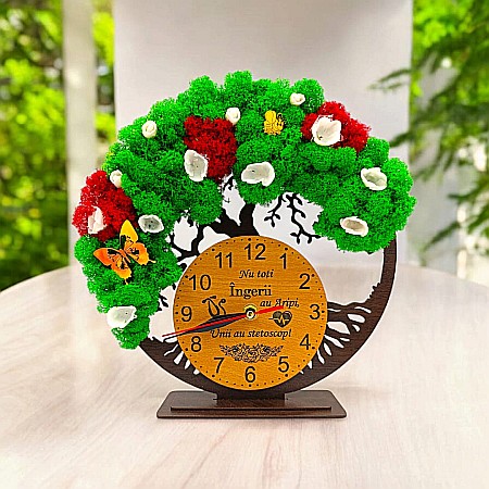 Ceasuri cu Licheni - Cadou personalizat, Ceas decorativ copacul vietii cu mesaj standard pentru Medic/Doctor, decorat cu licheni stabilizati si flori decorative naturale, wenge