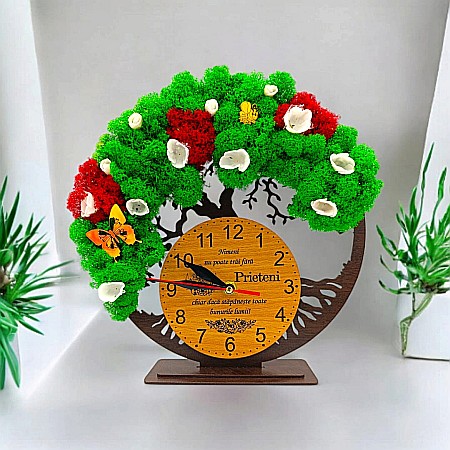 Ceasuri cu Licheni - Cadou personalizat, Ceas decorativ copacul vietii cu mesaj standard pentru Prieten/Prietena, decorat cu licheni stabilizati si flori decorative naturale, wenge