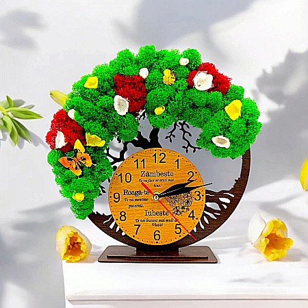 Ceasuri cu Licheni - Cadou personalizat, Ceas decorativ copacul vietii cu mesaj standard pentru "Zambeste, Roaga-te, Iubeste" decorat cu licheni stabilizati si flori decorative naturale, wenge