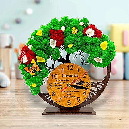 Ceasuri cu Licheni - Cadou personalizat, Ceas decorativ copacul vietii cu mesaj standard pentru Profesori, decorat cu licheni stabilizati si flori decorative naturale, wenge