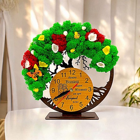 Ceasuri cu Licheni - Cadou personalizat, Ceas decorativ copacul vietii cu mesaj standard pentru Bunici, decorat cu licheni stabilizati si flori decorative naturale, wenge