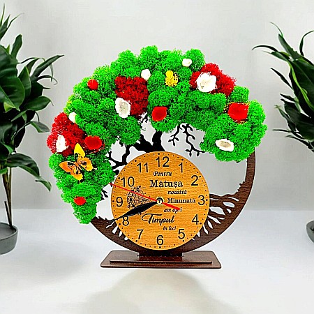 Ceasuri cu Licheni - Cadou personalizat, Ceas decorativ copacul vietii cu mesaj standard pentru Matusa, decorat cu licheni stabilizati si flori decorative naturale, wenge