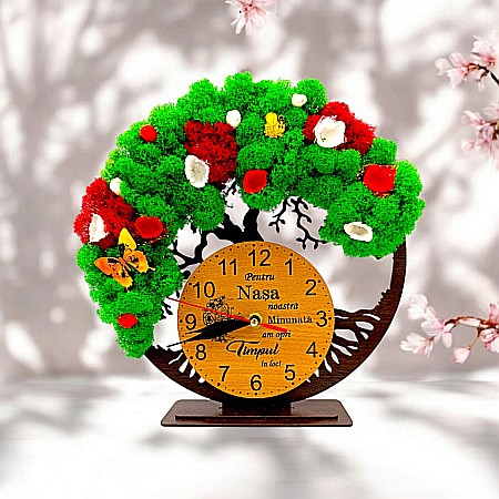 Ceasuri cu Licheni - Cadou personalizat, Ceas decorativ copacul vietii cu mesaj standard pentru Nasa, decorat cu licheni stabilizati si flori decorative naturale, wenge