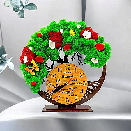 Ceasuri cu Licheni - Cadou personalizat, Ceas decorativ copacul vietii cu mesaj standard pentru Bunica , decorat cu licheni stabilizati si flori decorative naturale, wenge