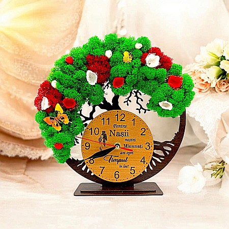 Ceasuri cu Licheni - Cadou personalizat, Ceas decorativ copacul vietii cu mesaj standard pentru Nasi, model 2, decorat cu licheni stabilizati si flori decorative naturale, wenge