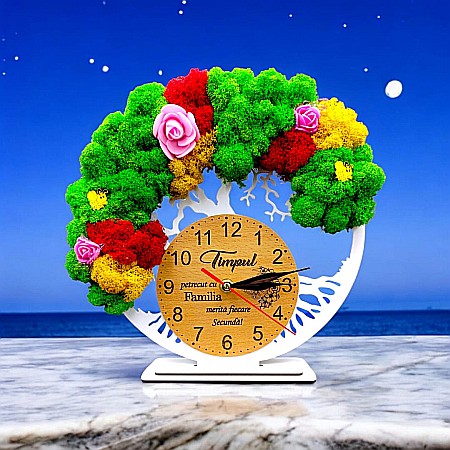 Ceasuri cu Licheni - Cadou personalizat, Ceas decorativ copacul vietii cu mesaj standard pentru Familie, decorat cu licheni stabilizati si flori decorative naturale, alb