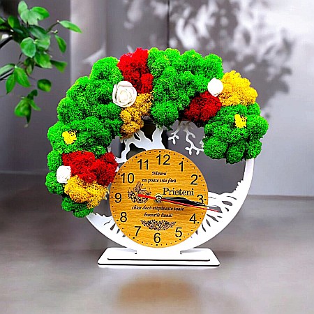 Ceasuri cu Licheni - Cadou personalizat, Ceas decorativ copacul vietii cu mesaj standard pentru Prieteni, decorat cu licheni stabilizati si flori decorative naturale, alb