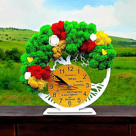 Ceasuri cu Licheni - Cadou personalizat, Ceas decorativ copacul vietii cu mesaj standard pentru Sef/Coleg/Angajat, decorat cu licheni stabilizati si flori decorative naturale, alb
