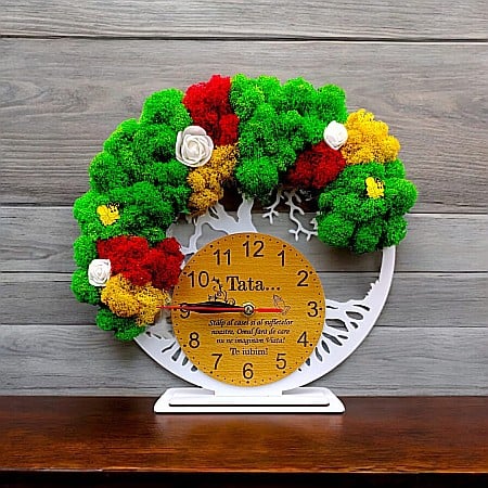 Ceasuri cu Licheni - Cadou personalizat, Ceas decorativ copacul vietii cu mesaj standard pentru Tata, decorat cu licheni stabilizati si flori decorative naturale, alb
