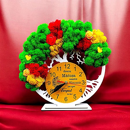 Ceasuri cu Licheni - Cadou personalizat, Ceas decorativ copacul vietii cu mesaj standard pentru Matusa , decorat cu licheni stabilizati si flori decorative naturale, alb