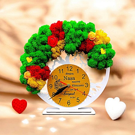 Ceasuri cu Licheni - Cadou personalizat, Ceas decorativ copacul vietii cu mesaj standard pentru Nasa , decorat cu licheni stabilizati si flori decorative naturale, alb