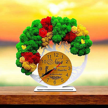 Ceasuri cu Licheni - Cadou personalizat, Ceas decorativ copacul vietii cu mesaj standard pentru Nasi, model 2, decorat cu licheni stabilizati si flori decorative naturale, alb