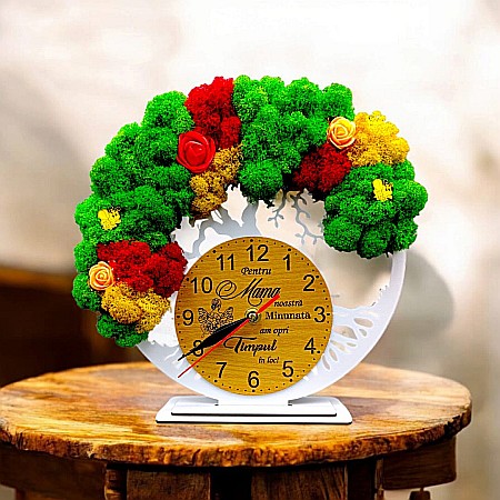 Ceasuri cu Licheni - Cadou personalizat, Ceas decorativ copacul vietii cu mesaj standard pentru Mama, model 2, decorat cu licheni stabilizati si flori decorative naturale, alb