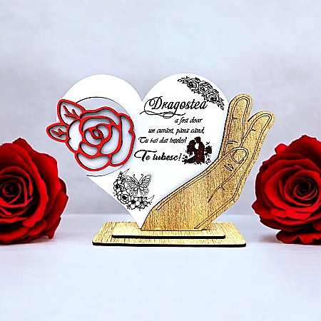 Decoratiuni din Lemn - Cadou personalizat, tablou inima in palma cu mesaj standard pentru Sotie/Iubita, 21x15cm