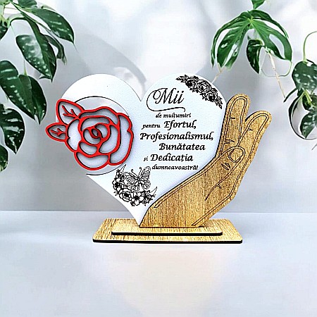Decoratiuni din Lemn - Cadou personalizat, tablou inima in palma cu mesaj standard pentru Profesori/Doctori, 21x15cm