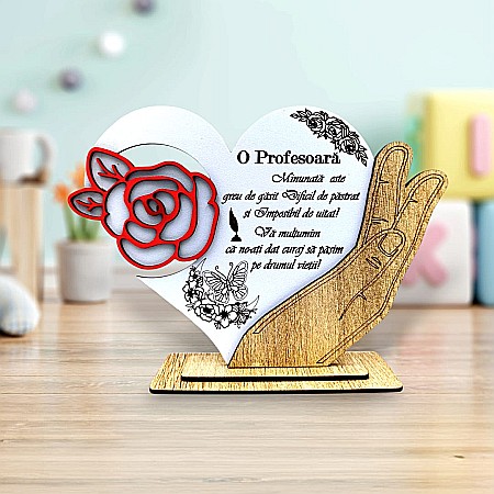 Decoratiuni din Lemn - Cadou personalizat, tablou inima in palma cu mesaj standard pentru Profesoara, 21x15cm