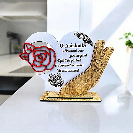 Decoratiuni din Lemn - Cadou personalizat, tablou inima in palma cu mesaj standard pentru Asistenta, 21x15cm