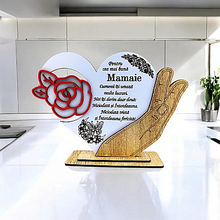 Decoratiuni din Lemn - Cadou personalizat, tablou inima in palma cu mesaj standard pentru Mamaie, 21x15cm