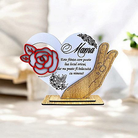 Decoratiuni din Lemn - Cadou personalizat, tablou inima in palma cu mesaj standard pentru Mama, 21x15cm